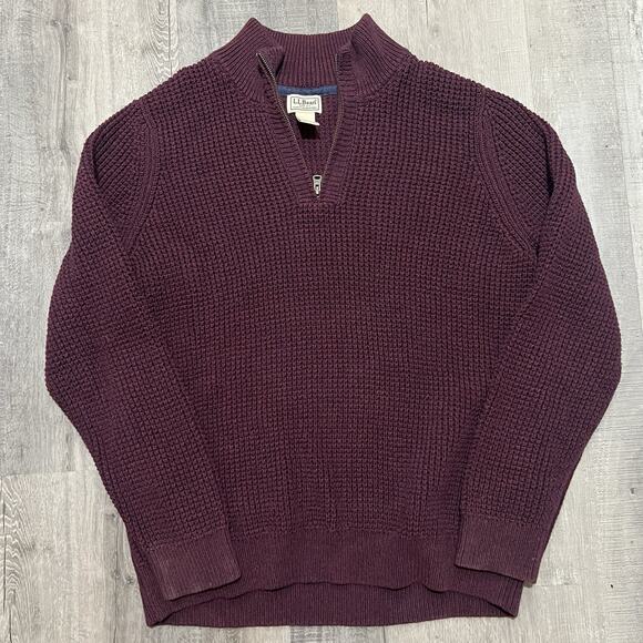 LL Bean Sweater Mens Burgundy 1/4 Zip Waffle Knit Cotton Grid Pull Over Casual - Picture 1 of 4